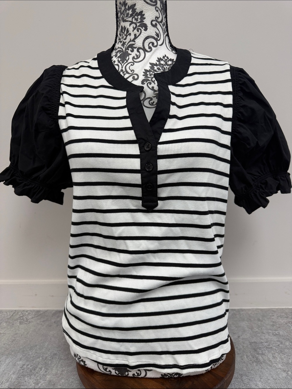Bailey 44 Black & White Striped Puff Sleeve Henley